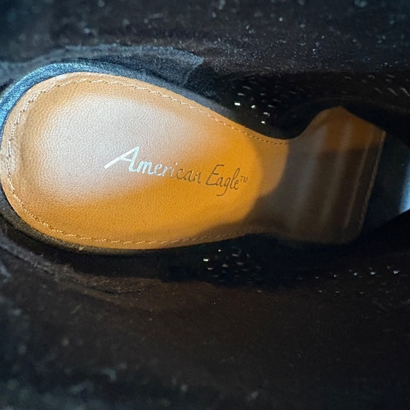 American Eagle Black Faux Suede Open Toe Bootie Lattice Pattern Chunky Heel - Picture 6 of 7